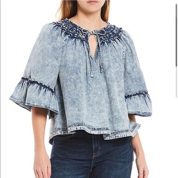 Free People Ainsley Ruffled Sleeve Denim Top - Picture 2 of 12